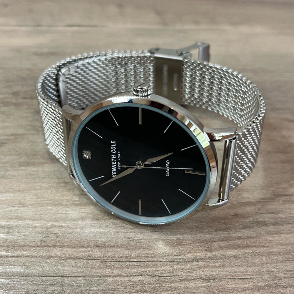 Kenneth Cole Diamond Stainless Steel Back Silver Mesh Band Black Dial Mens Watch